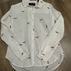 Scotch & Soda White Shirt with Red Pepper details, Dobby Weave